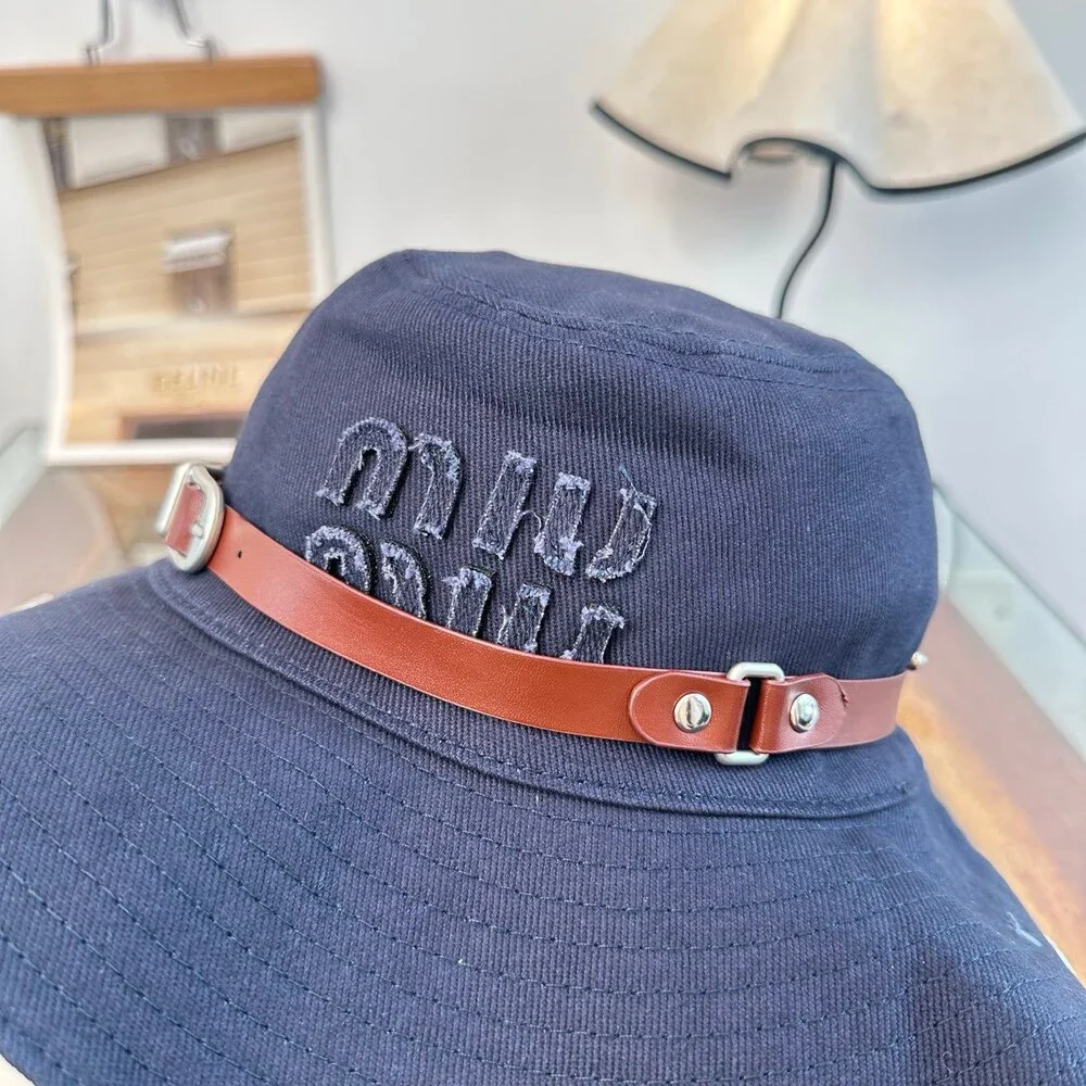 Miu Miu Navy Leather Strap Embroidered Wide Brim Bucket Hat